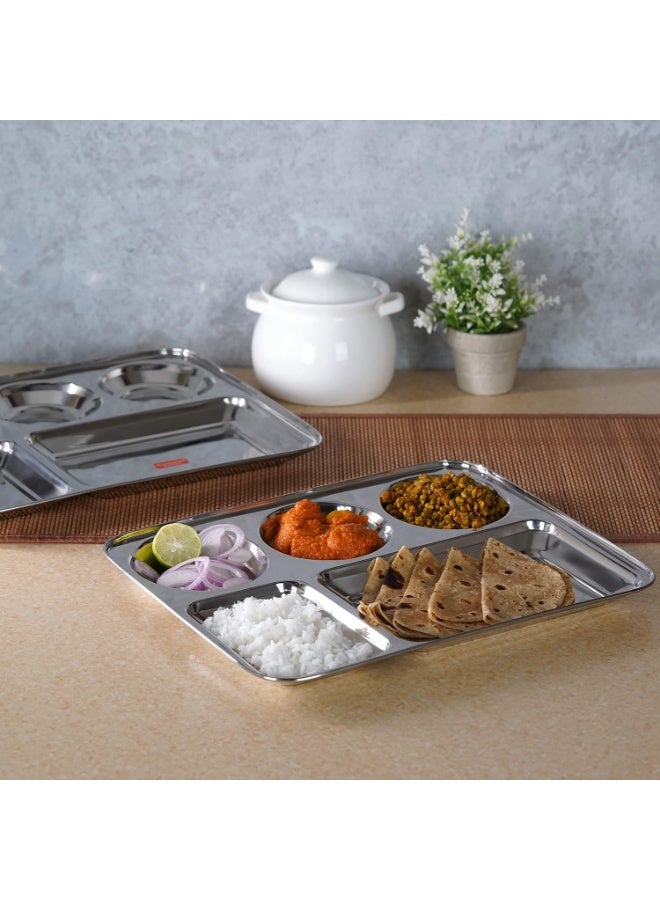 Sumeet Stainless Steel Rectangular 5 in 1 Compartment Lunch/Dinner Plate Set of 2Pcs, 37.4cm Dia, Silver - Image 2